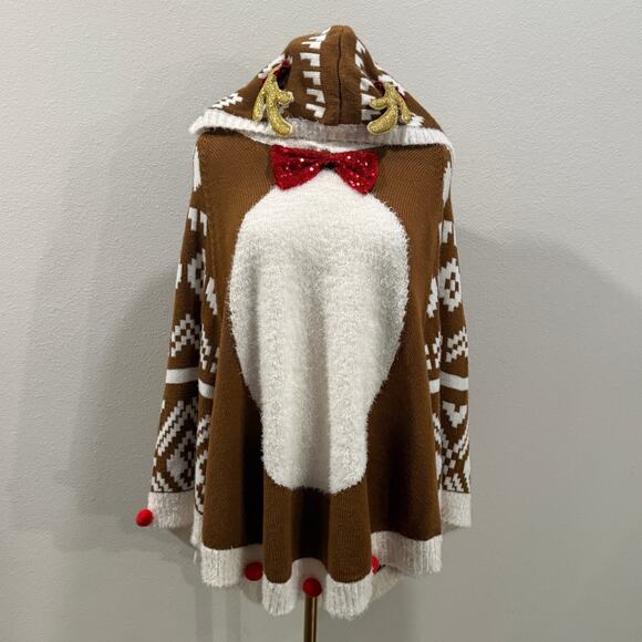 Reindeer Holiday Sweater Poncho Women Medium Ugly Xmas Antler Hood Sequin Bow - Picture 4 of 9